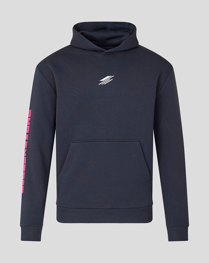 Dark navy Silverstone festival hoodie front view with center chest logo and pink vertical sleeve graphics