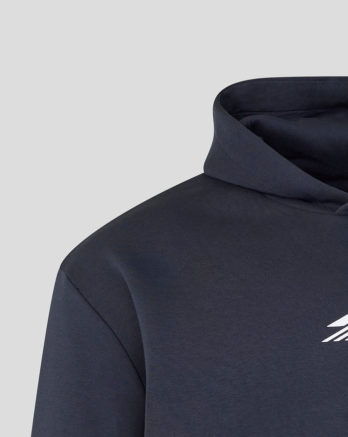 Close up of dark navy Silverstone hoodie showing hood edge and center chest logo