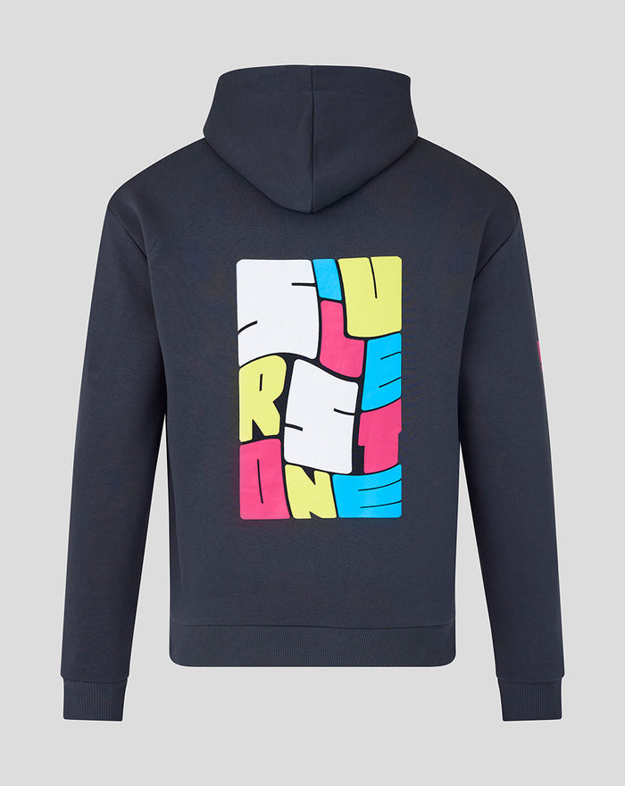 Back view of navy hoodie with large colorful festival print on the back and a hood