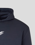 Hoodie close up in dark navy with hood opening and chest logo on fleece back fabric