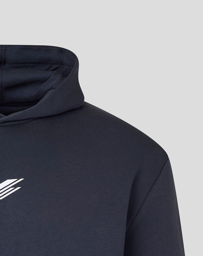 Hoodie close up in dark navy with hood opening and chest logo on fleece back fabric