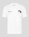 White Silverstone short sleeve tee with chest logo and a back vertical graphic of chevrons and coordinates