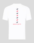 Back view of a white Silverstone T shirt featuring vertical chevrons and red coordinate text