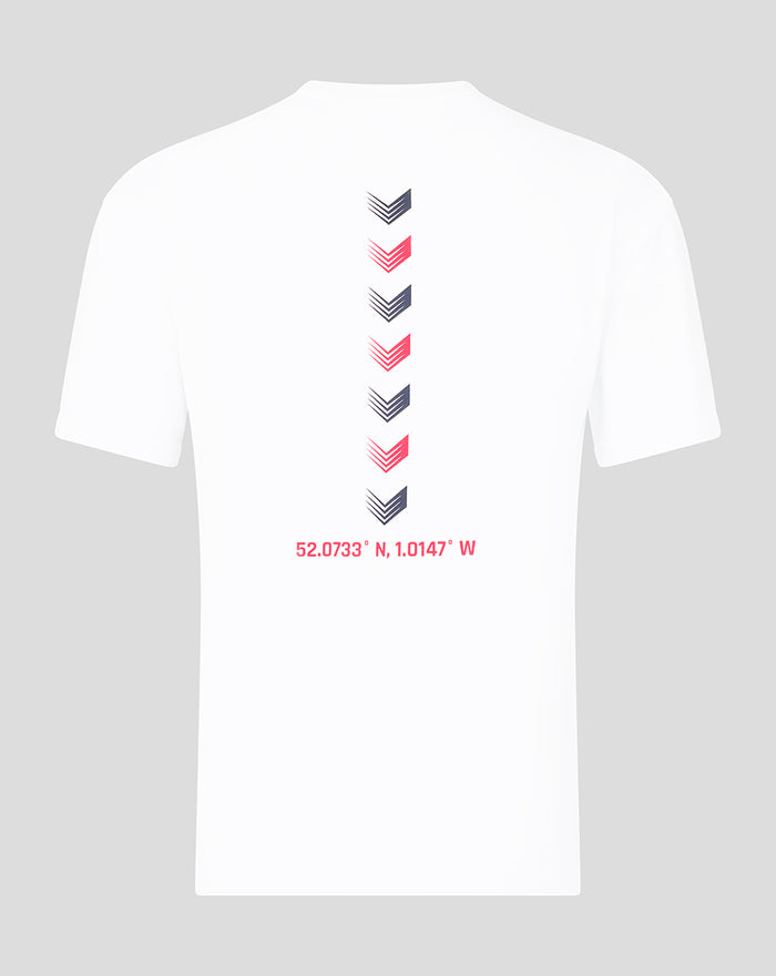 Back view of a white Silverstone T shirt featuring vertical chevrons and red coordinate text