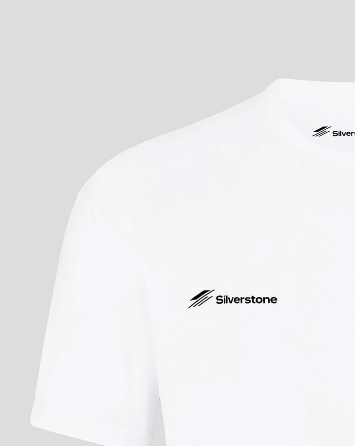 Close up of white Silverstone T shirt showing the Silverstone logo on the left chest
