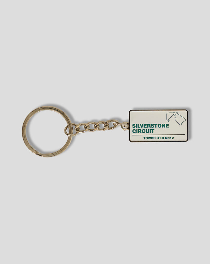 Silverstone Circuit street sign keyring with Towcester NN12 and map icon