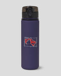 Purple Silverstone fliptop water bottle with dark lid red wrist strap and flag graphic