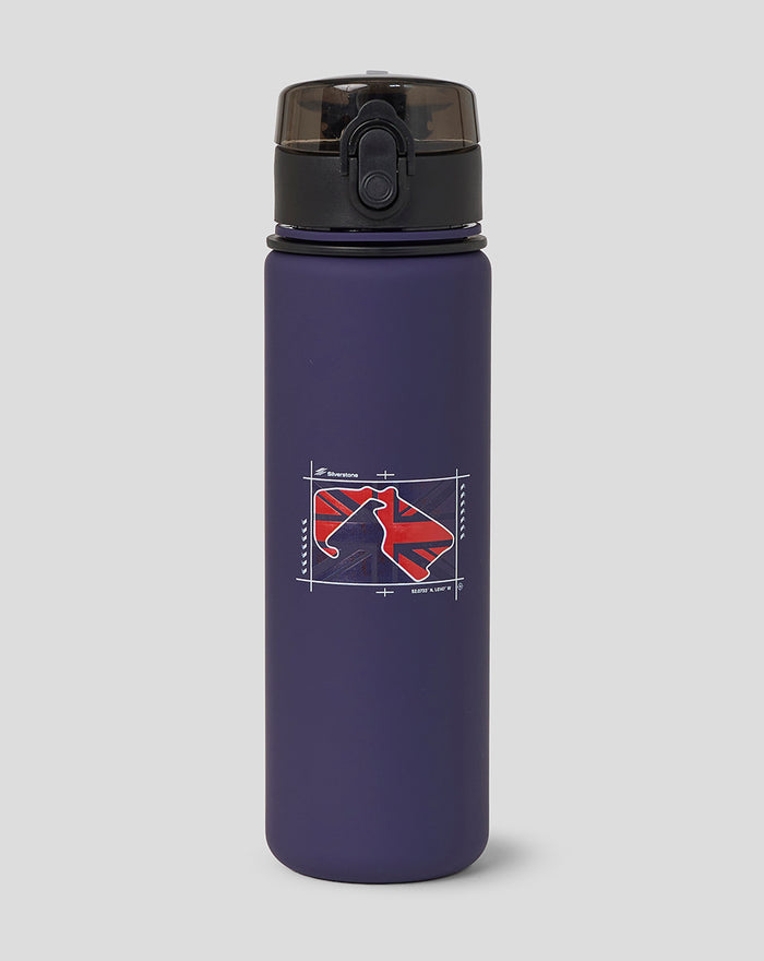 Purple Silverstone fliptop water bottle with dark lid red wrist strap and flag graphic