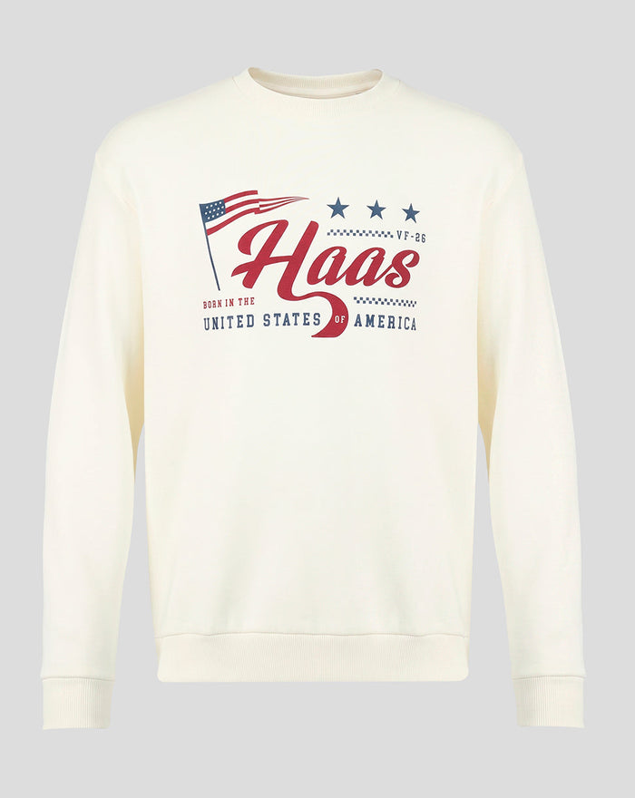Egret Haas USA flag sweater with large red Haas script and American flag motif on the chest