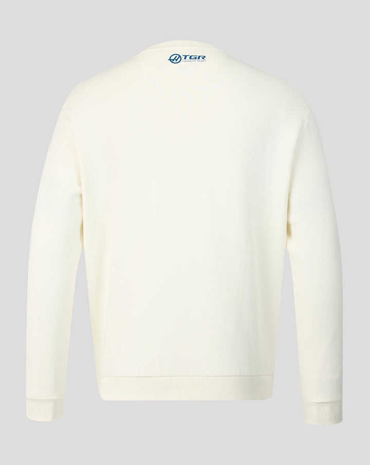 Back view of egret colored Haas Team USA flag sweater with a small neck logo