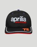 Front view of the black Aprilia Racing cap featuring the white aprilia racing logo and 72 on the brim