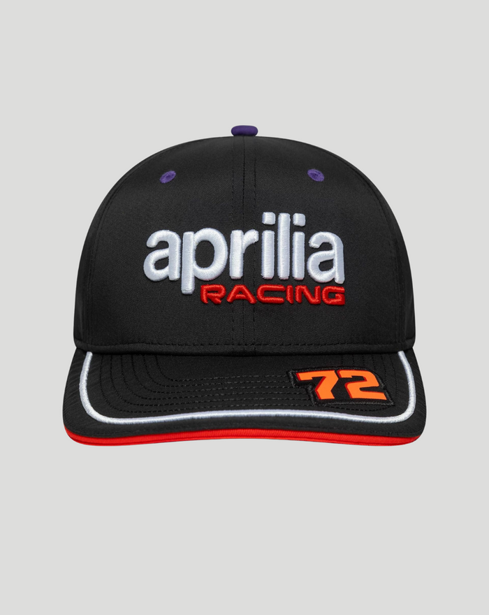 Front view of the black Aprilia Racing cap featuring the white aprilia racing logo and 72 on the brim