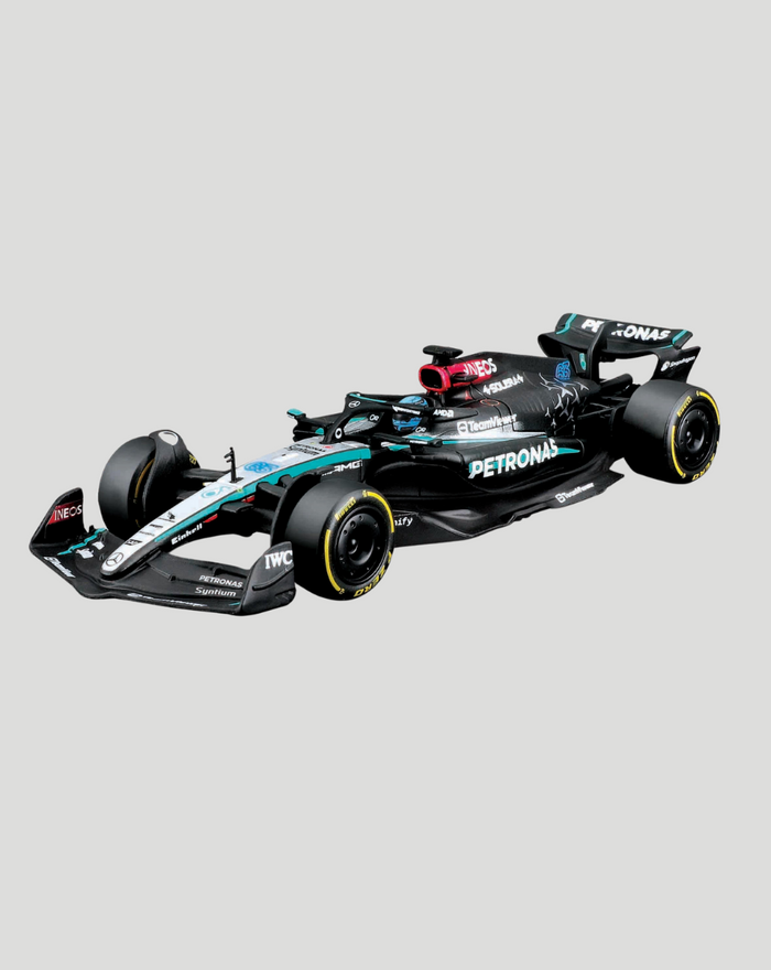 1:43 scale Mercedes F1 W15 2024 model with Russell helmet accessory
