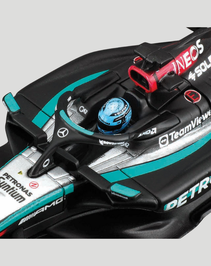 Cockpit detail of 1:43 Mercedes AMG F1 W15 2024 model with blue helmet in open cockpit
