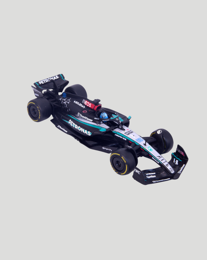 Diagonal view of 1:43 Mercedes AMG F1 W15 2024 model car with teal Petronas livery