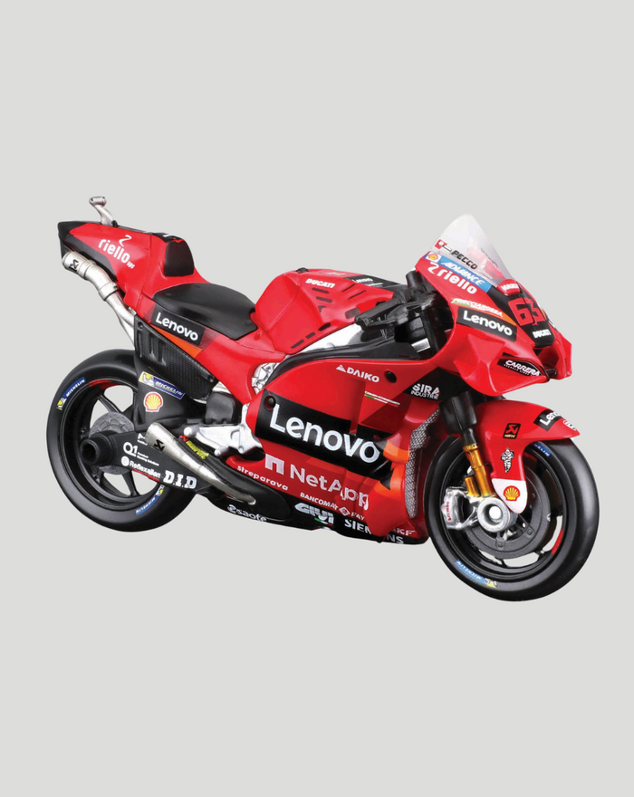 Red 1:18 scale Ducati Lenovo racing motorcycle with number 63 Bagnaia