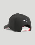 Back view of a black junior Formula 1 baseball cap with a white logo on the crown and a white red adjustable strap