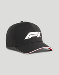 Black junior Formula 1 logo baseball cap with white emblem on the front and an adjustable strap.