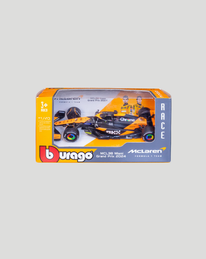 Boxed 1:43 McLaren MCL38 Piastri in dispenser packaging with orange and black livery