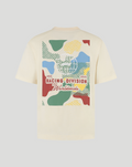 Back view of a cream T shirt featuring a large colorful graphic with a globe and Racing Division Worldwide text
