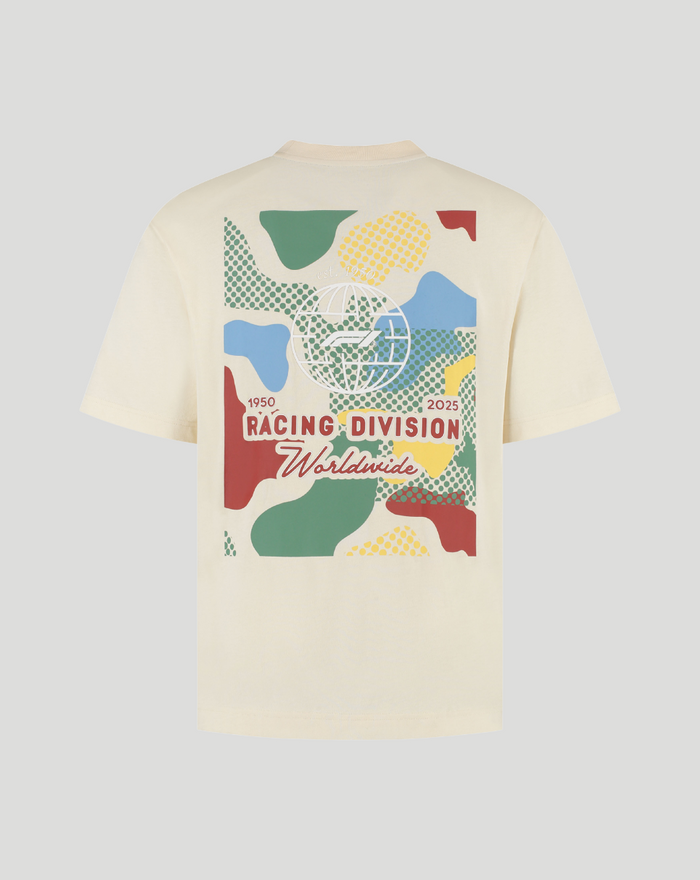 Back view of a cream T shirt featuring a large colorful graphic with a globe and Racing Division Worldwide text