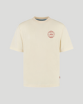 Cream T shirt with small red globe emblem on the left chest