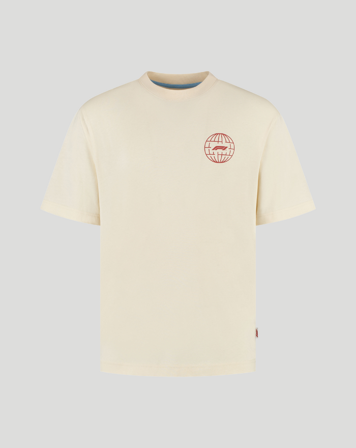 Cream T shirt with small red globe emblem on the left chest