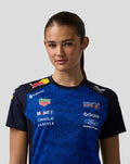 Front view of a female model wearing the Oracle Red Bull Racing Womens Teamline Set Up T Shirt in Night Sky with blue front panel and sponsor logos