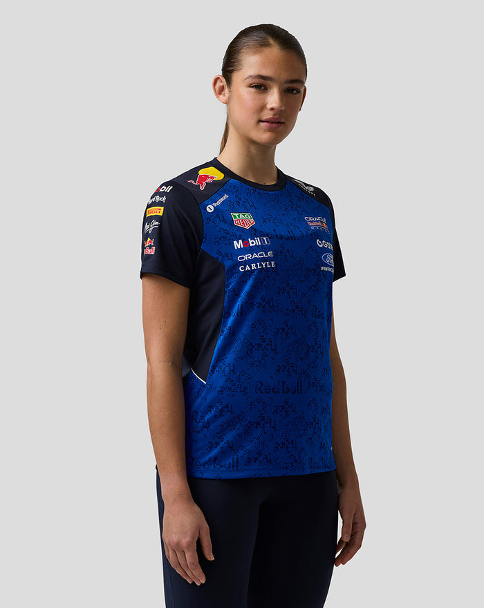 Female model wearing blue Oracle Red Bull Racing Set Up T Shirt in Night Sky with team branding
