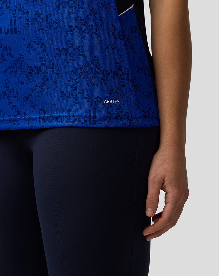 Close up of blue Oracle Red Bull Racing Set Up T Shirt showing AerTek moisture wicking and pixel pattern