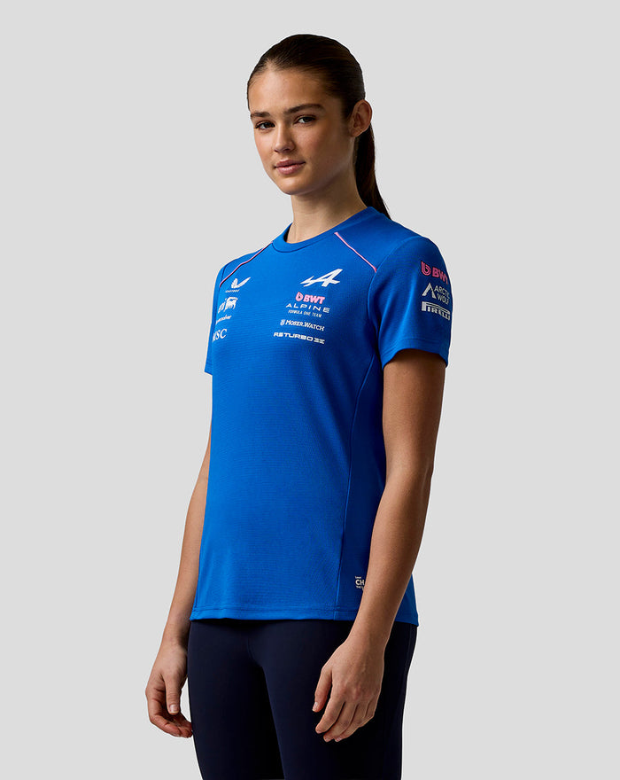 Blue Official Women’s BWT Alpine Set Up T Shirt front view with sponsor logos across the chest