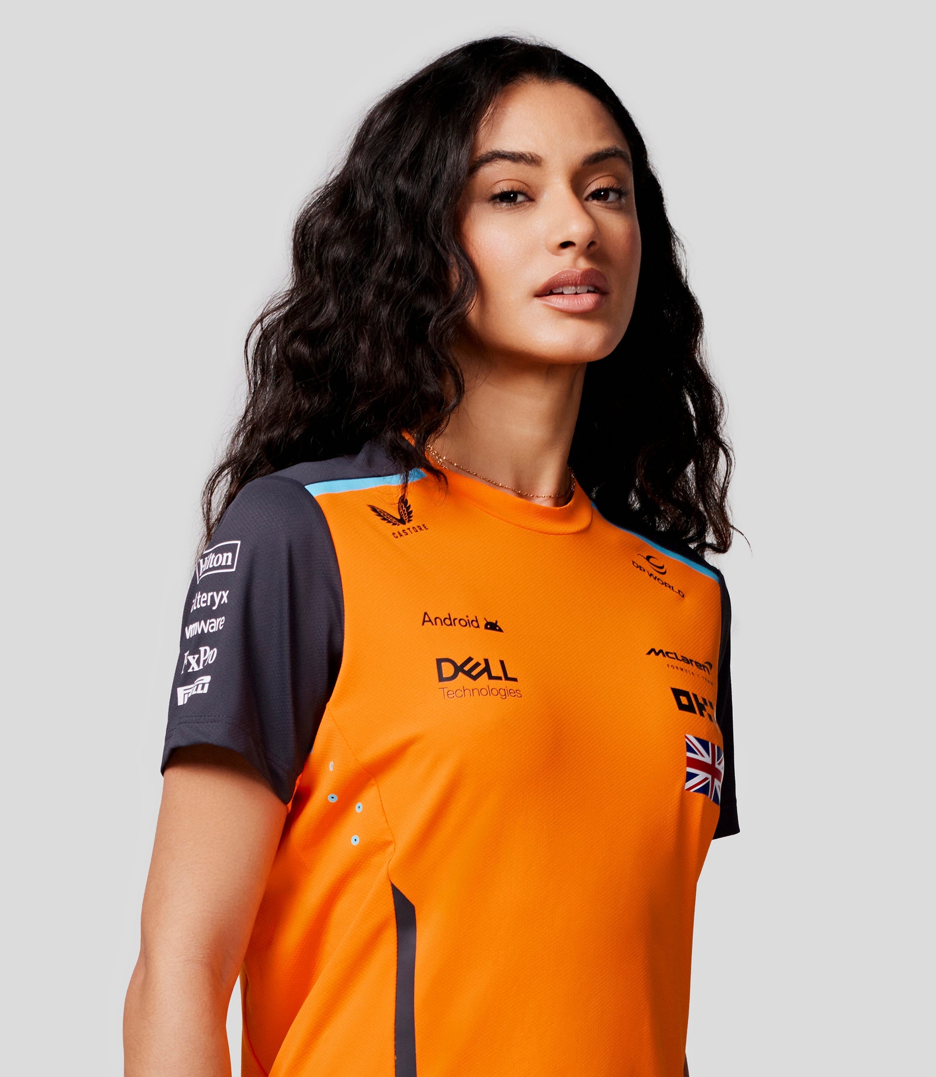 McLaren Womens Official Teamwear Set Up T-Shirt Lando Norris Formula 1 - Papaya/Phantom