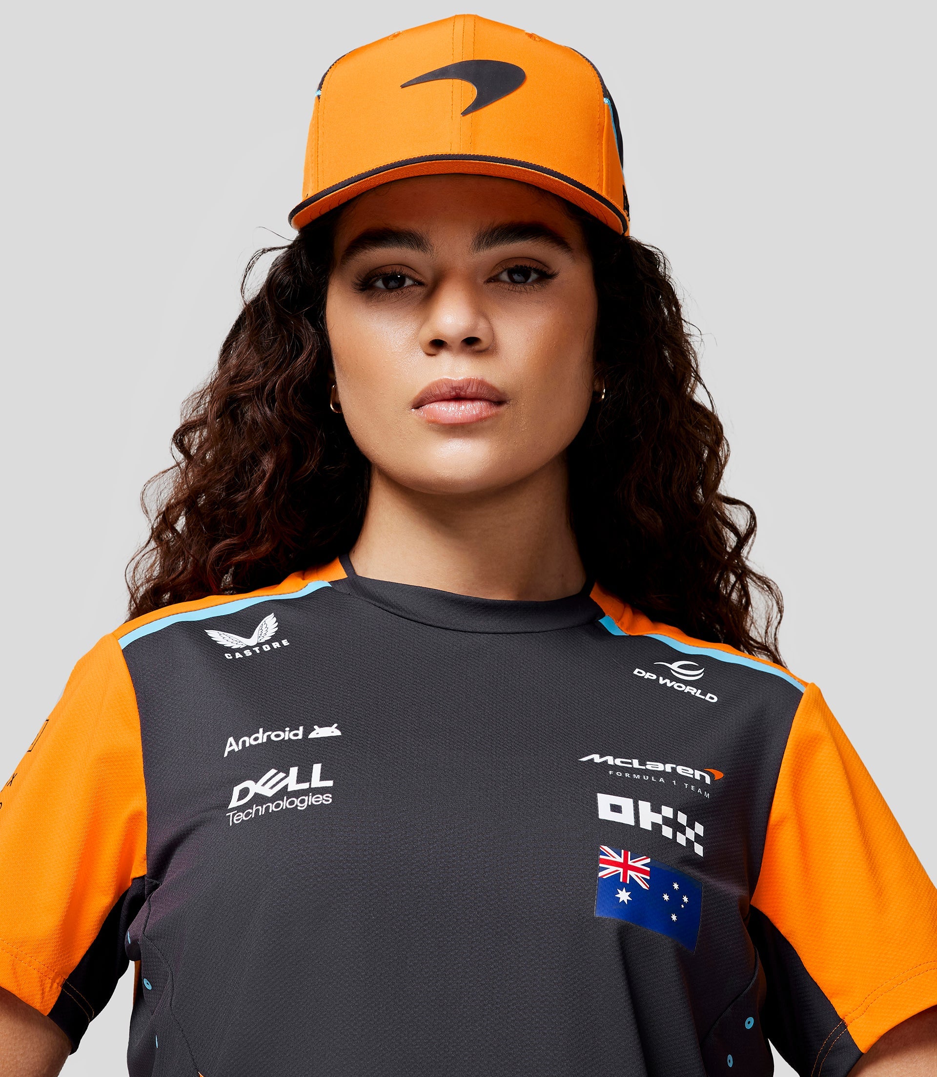 McLaren Womens Official Teamwear Set Up T-Shirt Oscar Piastri Formula 1 - Phantom/Papaya