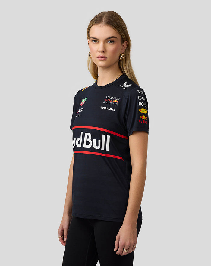 Female model wearing a navy Oracle Red Bull Racing Set Up T Shirt with large logo and sponsor graphics on front.