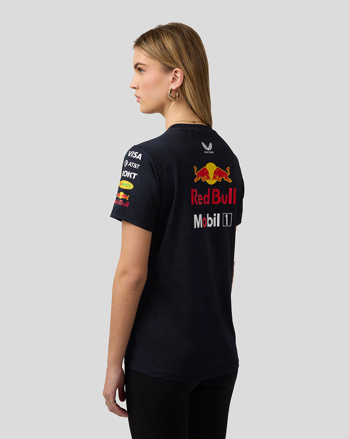 Rear view of a female model wearing navy Oracle Red Bull Racing Set Up T Shirt with team branding visible.