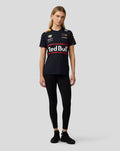 Model wearing navy night sky Oracle Red Bull Racing Set Up T shirt with large Red Bull graphic and sponsor logos