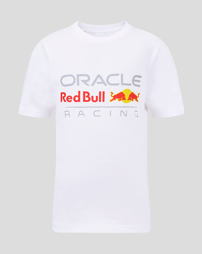 White junior T shirt with large Oracle Red Bull Racing logo across the front chest