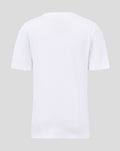 Back view of a plain white children's T shirt with short sleeves and a crew neck