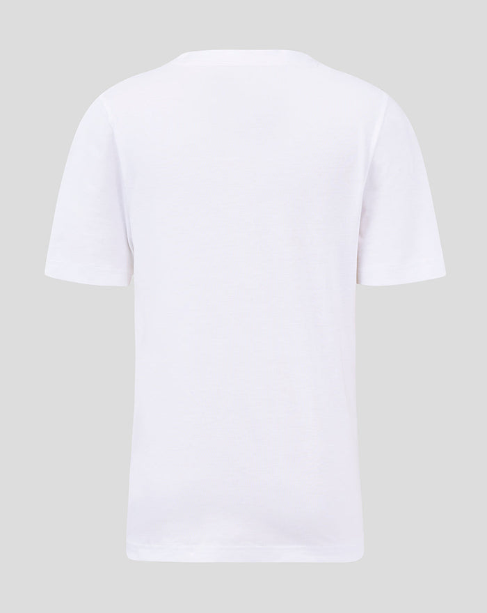 Back view of a plain white children's T shirt with short sleeves and a crew neck