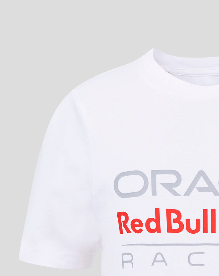 Front view of a white children's T shirt with a large Oracle Red Bull Racing logo across the chest