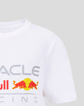 Close up of the white children's T shirt front showing the Red Bull logo with two bulls and a yellow circle
