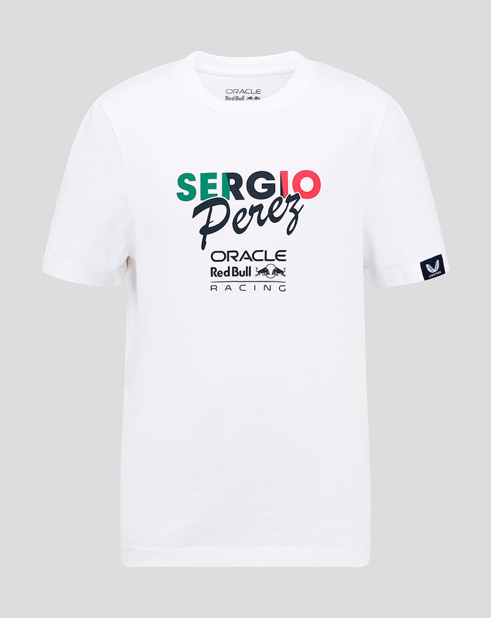 White Sergio Perez Red Bull Racing T shirt with Sergio Perez graphic and team logos on chest