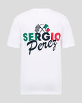 Back view of white Oracle Red Bull Racing Junior Sergio Perez Flag T Shirt with large colorful Sergio Perez graphic on the back