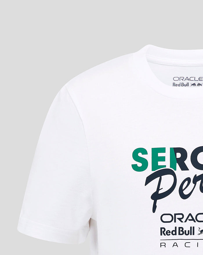 Close up of the sleeve on the white Sergio Perez Flag T Shirt showing the Castore label