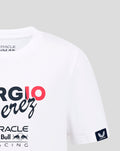 Front view of white Oracle Red Bull Racing Junior Sergio Perez Flag T Shirt with bold Sergio Perez graphic across the chest