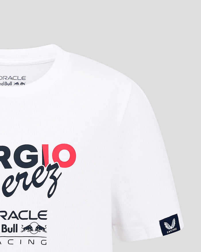 Front view of white Oracle Red Bull Racing Junior Sergio Perez Flag T Shirt with bold Sergio Perez graphic across the chest