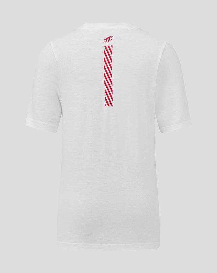 Back view of white Silverstone Junior Core T-Shirt featuring a red vertical striped graphic down the center.