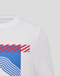 Shoulder close up of white T shirt displaying a blue graphic with white wave lines continuing from the chest.