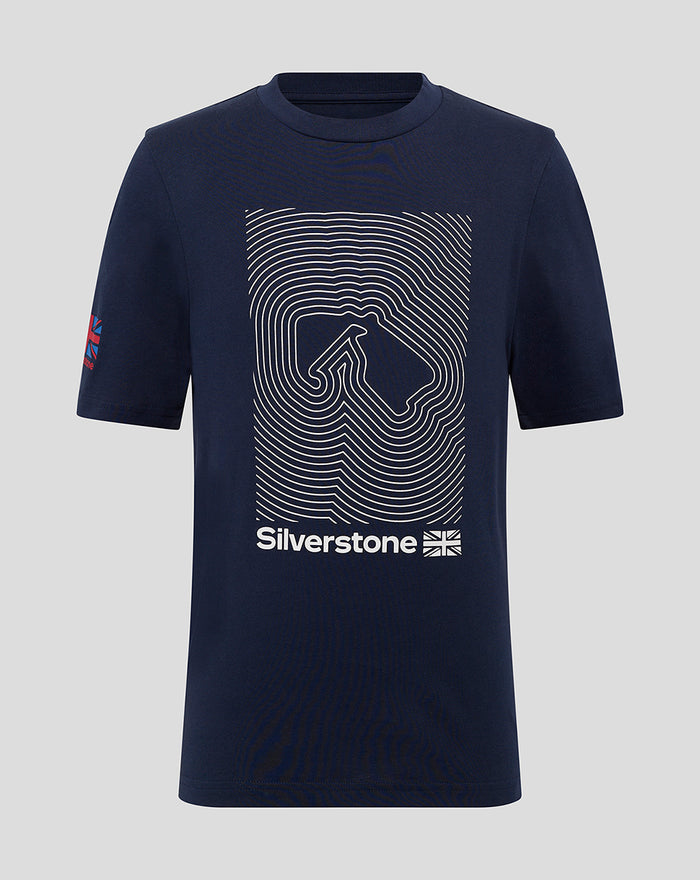 Front view of navy Silverstone Junior Core T-Shirt with a large white geometric graphic on the chest