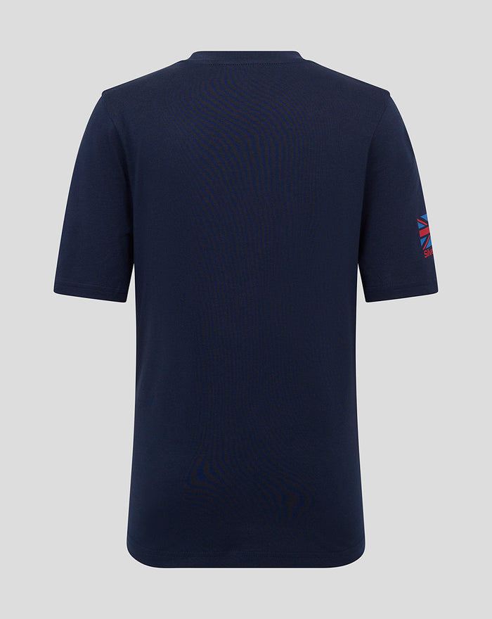 Back view of navy Silverstone Junior Core T-Shirt with a Union Jack patch on the right sleeve